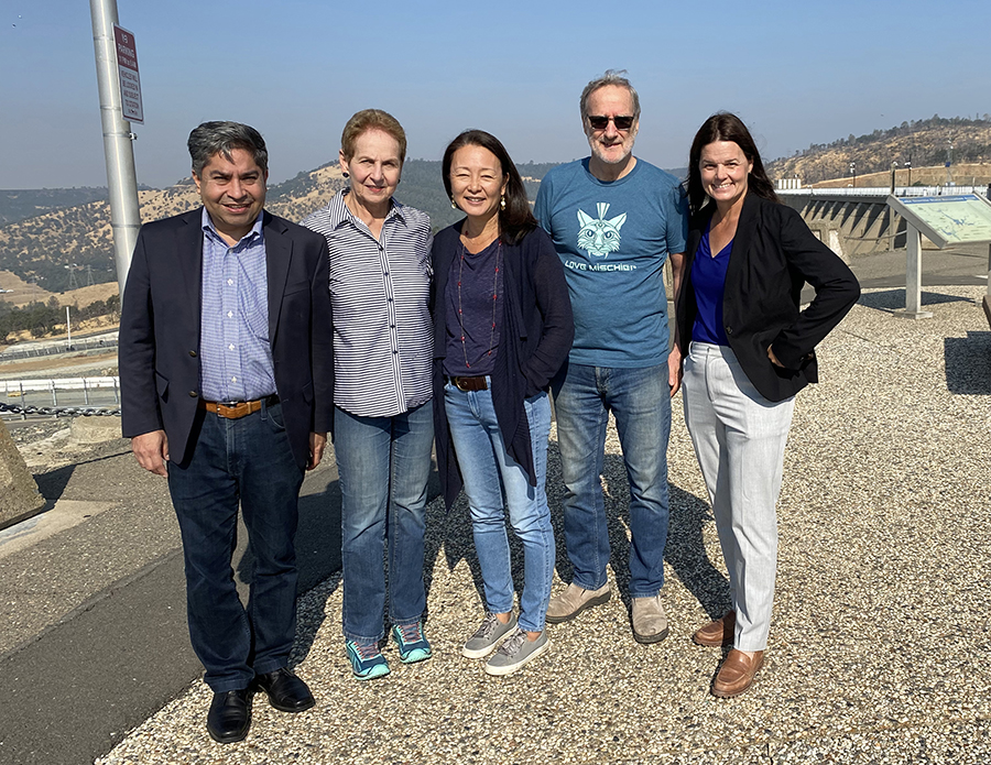 California Water Commissioners, from left, Jose Solorio, Vice-chair Fern Steiner, Sandi Matsumoto, Danny Curtin, and Kim Gallagher, on the Oroville Dam.
