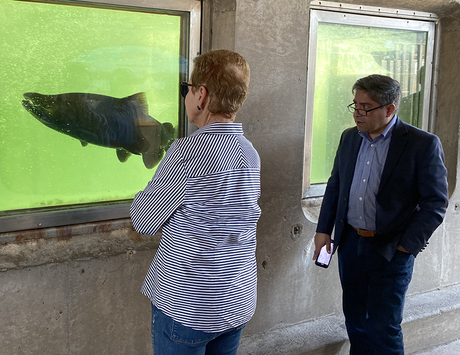 Vice-chair Fern Steiner and Commissioner Jose Solorio at the Feather River Fish Hatchery.