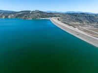 A drone view of Castaic Lake in Los Angeles County with an algal bloom.