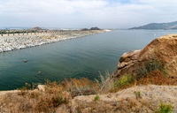 On June 1, 2019, the water level at Lake Perris was 1585.76 feet with a reservoir storage of 121,745 acre-feet. The artificial lake is the southern terminus of the California State Water Project, located in Riverside County. Photo taken June 1, 2019.
