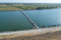 drone photograph shows the completed temporary emergency drought barrier for the West False River in the Sacramento-San Joaquin Delta in Contra Costa County. 