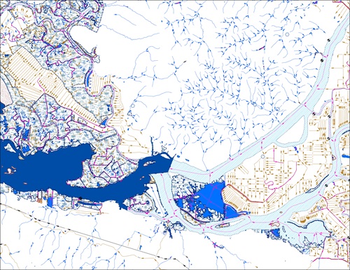 Lines, points, and polygons that represent the rivers, sloughs, canals, bays, monitoring wells, gaging stations, marshes, springs, seeps, lakes, and ponds in a portion of the Sacramento-San Joaquin Delta.