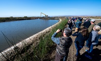 Attendees witness the breaching of a levee during the Tule Red Tidal Restoration Project breach ceremony. 