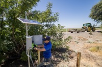 California Department of Water Resources employee Katy Janes, Groundwater Hydrogeologist in the Geology and Groundwater Investigations Section of the Division of Regional Assistance North Central Region Office, installs new telemetry equipment in groundwater monitoring wells in the Colusa Basin in Colusa County. Photo taken July 25, 2024.