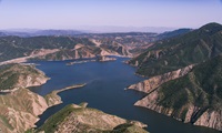 An aerial view of Pyramid Lake and Dam on May 12, 2023.