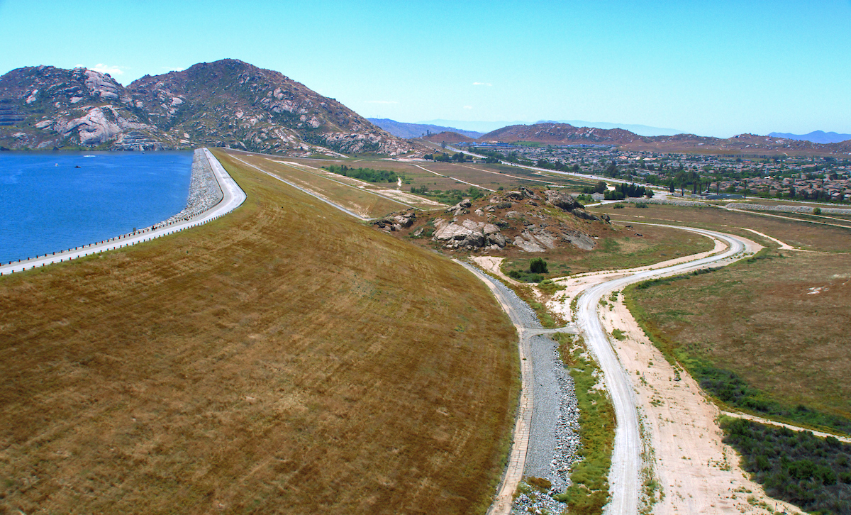 An aerial view of Lake Perris on May 13, 2023. The artificial lake is the southern terminus of the California State Water Project, located in Riverside County, California.