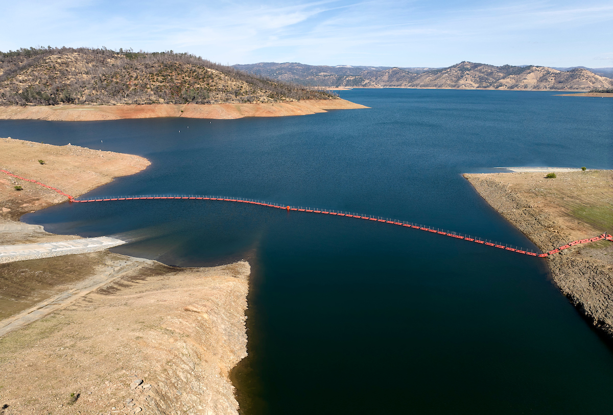 A drone view of water levels at the Oroville Dam located at Lake Oroville in Butte County, California. Photo taken October 2, 2023.
