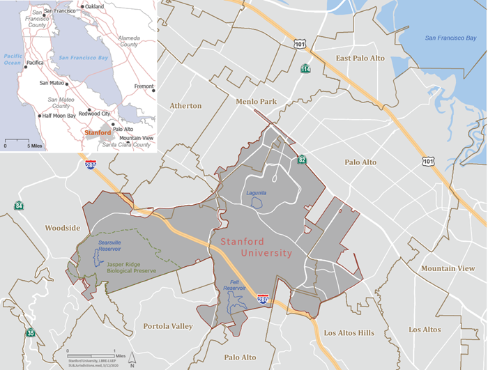 Map of the proposed Searsville Watershed Restoration Project takes place in San Mateo and Santa Clara Counties, near the communities of Woodside, Palo Alto, and Portola Valley. 
