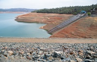 Lake Oroville at an elevation of 650.65 feet, 26 percent of total capacity or 35 percent of average capacity, on July 26, 2021. 