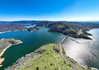 A panorama drone view of Middle Fork and South Fork of the Feather River, and Bidwell Bar Bridge, at Lake Oroville in Butte County, California. Photo taken March 11, 2025.