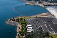 An aerial overview of the Lake Oroville spillway boat ramp and parking lot east of the emergency spillway at the Butte County, California site.