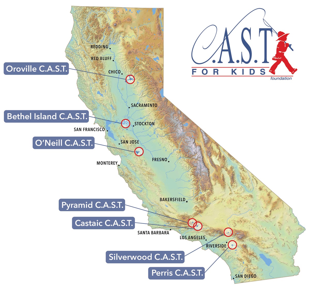 Map showing locations of CAST for Kids event in California. If you need more about this map, please contact accessibility@water.ca.gov.