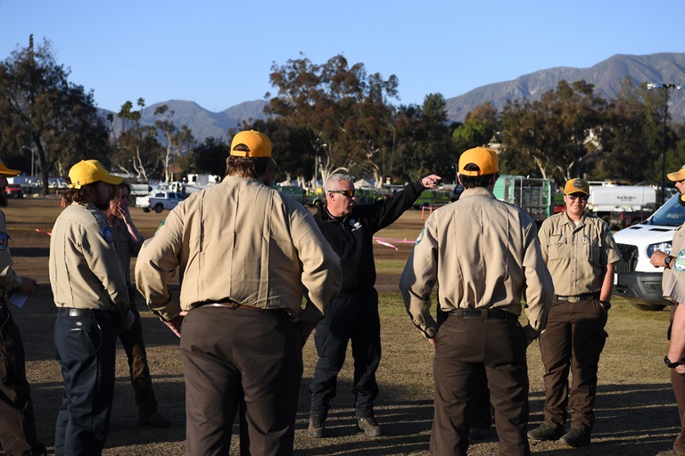 DWR watershed experts and engineers meet with over 500 California Conservation Corps members deployed to LA county.