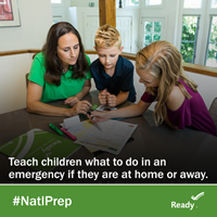 Children prepare for flood emergency by developing an emergency plan with adult. Graphic text: Teach children what to do in an emergency if they are at home or away.