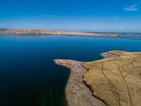 An aerial drone view of the San Luis Reservoir, located 12 miles west of the city of Los Banos near the historic Pacheco Pass, is part of the San Luis Joint-Use Complex.