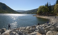 A day of fishing on the shoreline of Silverwood Lake part of the Eastern Branch of the California State Water Project in San Bernardino County.