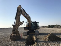 Construction crews begin work on the Species Conservation Habitat project on dry lakebed at the southern end of the Salton Sea