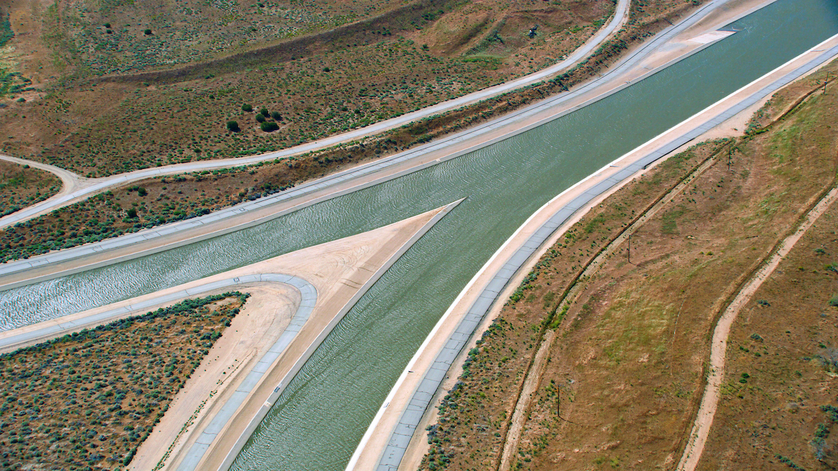 The California Aqueduct bifurcates in the West Branch and East Branch as it travels into the Southern California region at the border of Kern and Los Angeles Counties. Photo taken May 12, 2023.