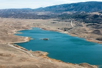 This aerial view looks east toward the Quail Lake in the Tejon Ranch area of western Antelope Valley in Los Angeles County.