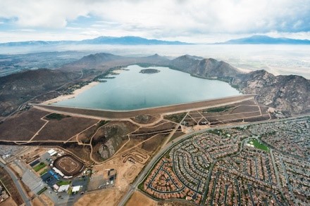 An aerial view of Perris Dam and Lake Perris in 2014