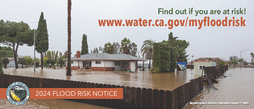 Cover image for the 2024 flood risk notification showing a flooded home in Merced County